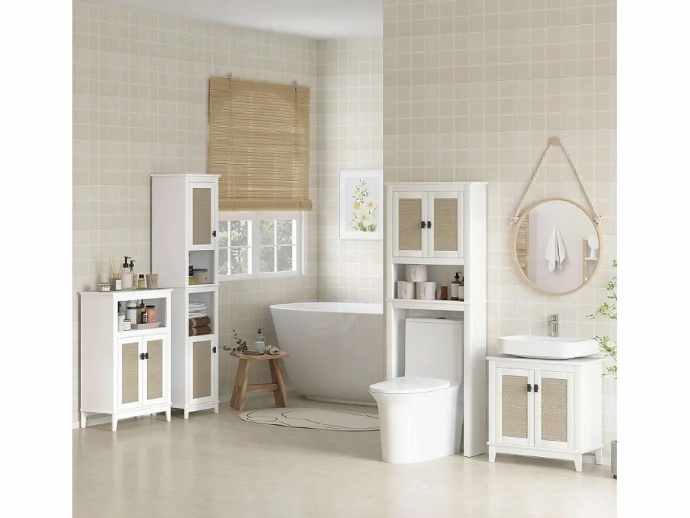 Homcom Columna de baño Sahara 2 puertas con 2 compartimentos /natural 167,5x40x30 cm Blanco Online