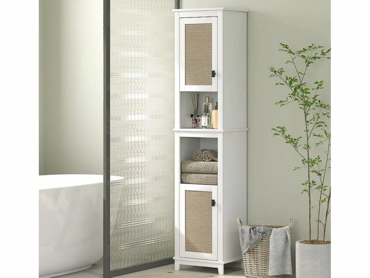 Homcom Columna de baño Sahara 2 puertas con 2 compartimentos /natural 167,5x40x30 cm Blanco Online