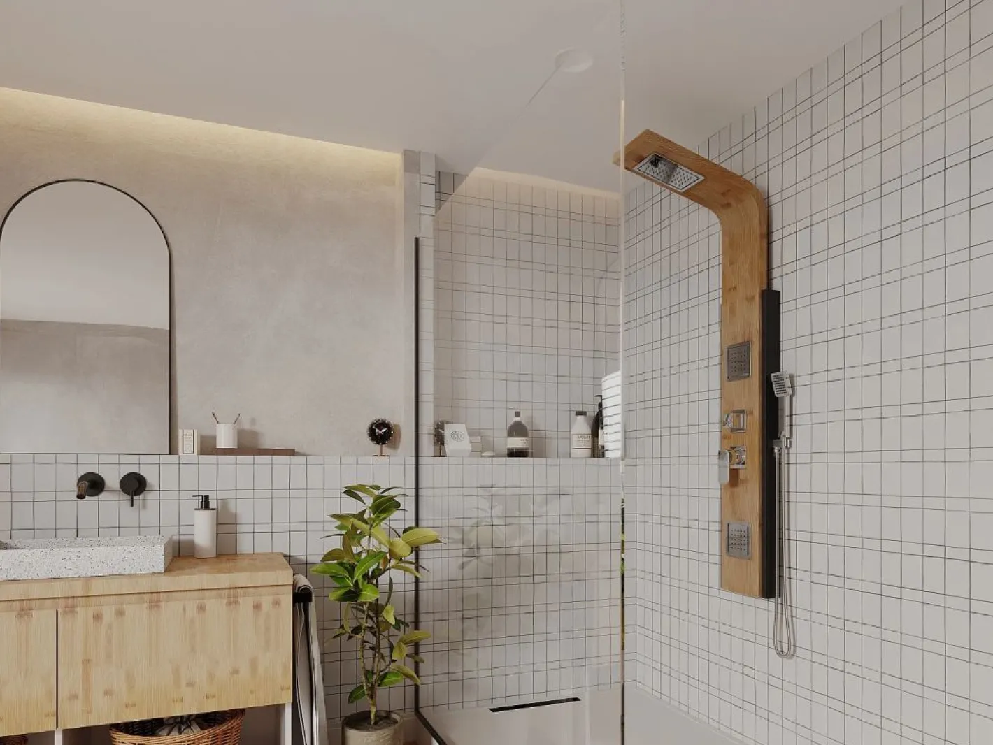Shower & Design Columna de ducha balneoterapia DALIMA panel de bambú Color natural claro