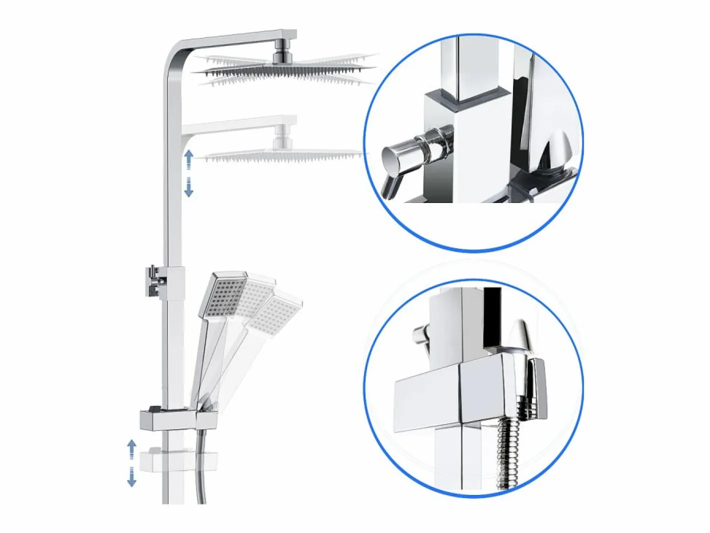 Aica Columna de Ducha Termostática Cromado | Alcachofa Cuadrada Grande | Barra Regulable 73-115 cm | Sistema de Ducha Superior Plateado Best