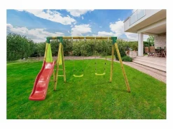 Habitat et jardin Columpio de madera "Kida" - Con 1 Tobogán y 2 Columpios. Marru00f3n Online