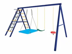 Hauss Spole Columpio exterior de acero - 3 columpios + estructura de escalada + cesta Azul New