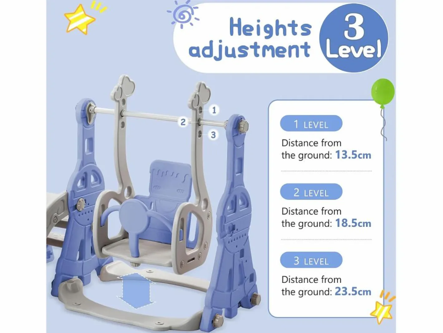 Tobogán|Columpio infantil 4 en 1 con tobogán, escalera, columpio y aro de baloncesto - Interior/Exterior - Azul