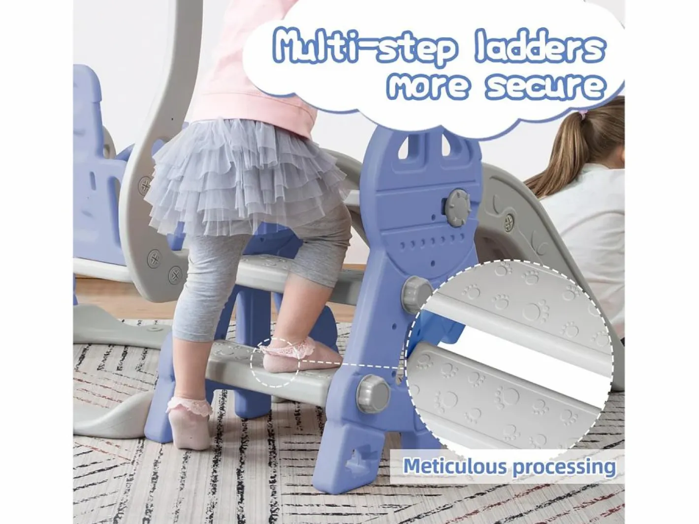 Tobogán|Columpio infantil 4 en 1 con tobogán, escalera, columpio y aro de baloncesto - Interior/Exterior - Azul