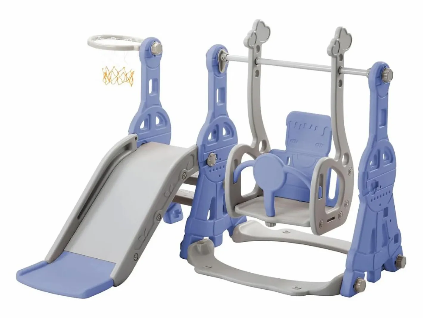 Tobogán|Columpio infantil 4 en 1 con tobogán, escalera, columpio y aro de baloncesto - Interior/Exterior - Azul