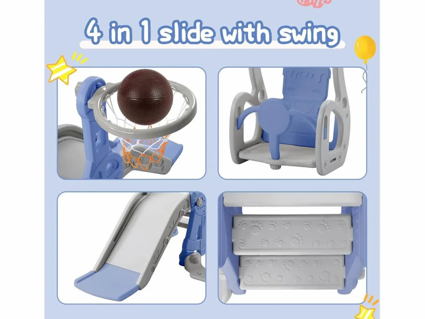 Tobogán|Columpio infantil 4 en 1 con tobogán, escalera, columpio y aro de baloncesto - Interior/Exterior - Azul