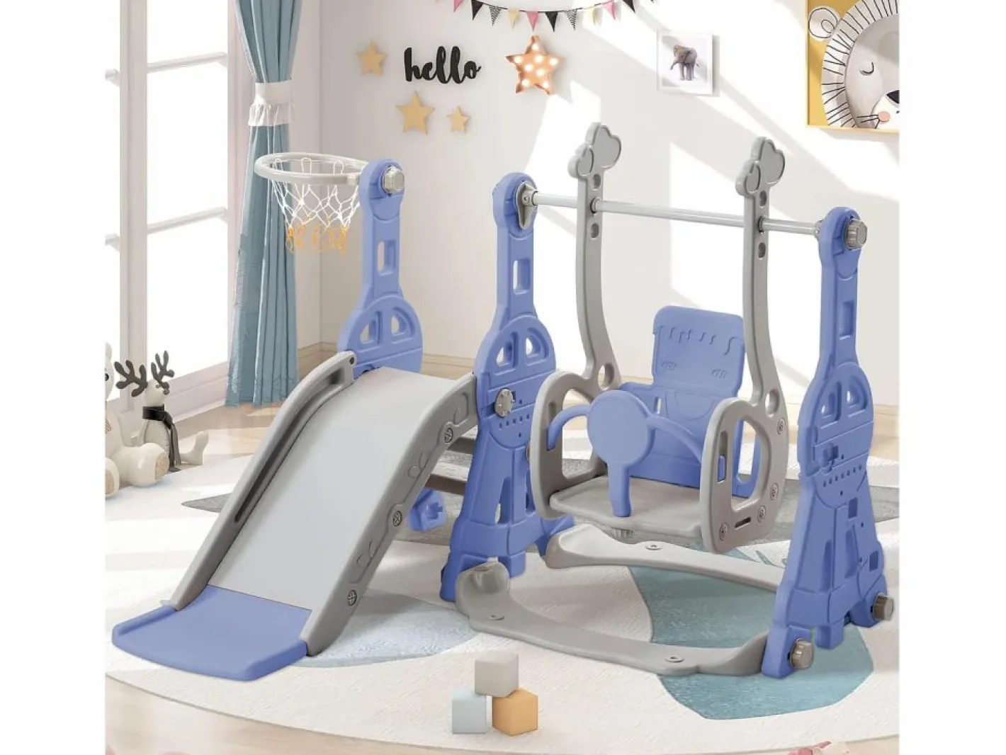 Tobogán|Columpio infantil 4 en 1 con tobogán, escalera, columpio y aro de baloncesto - Interior/Exterior - Azul