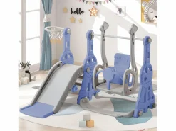 Columpio infantil con tobogán, escalera y columpio con canasta de baloncesto - Parque infantil 4 en 1 - Uso interior y exterior - Azul^ Hot