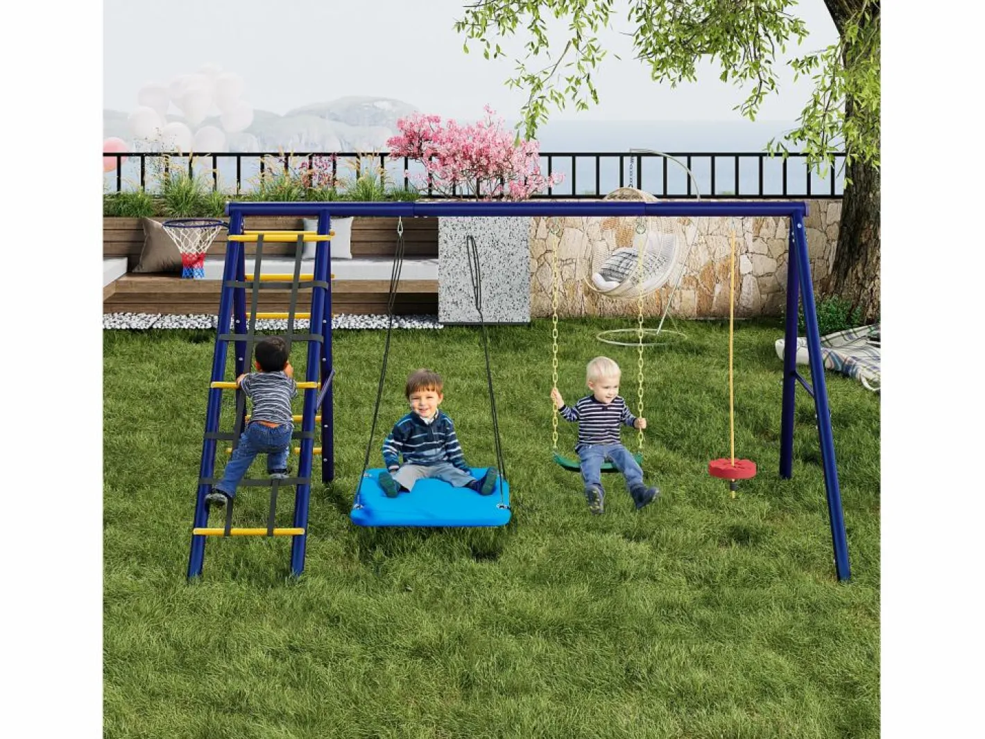 Merax Columpio|Columpio infantil multifuncional para exterior - 310 x 174 x 203 cm - de acero - con estructura de escalada -