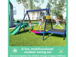 Merax Columpio infantil multifuncional para exterior - 335 x 198 x 183 cm - de acero - con tobogán - Azul Discount
