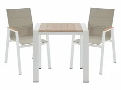 MYLIA Comedores De Jardín|Comedor de jardín de aluminio: una mesa L.80 cm y 2 sillones apilables - Natural claro y blanco - LIOUS de