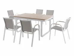 MYLIA Comedor de jardín de aluminio: mesa extensible de aluminio L.155/246 cm y 6 sillones - Natural claro y blanco - SERUNO de Color natural claro / Blanco Sale