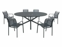 MYLIA Comedor de jardín de aluminio: una mesa redonda extensible L.150/200 cm y 6 sillones apilables - Antracita - VELYRA de Gris antracita New