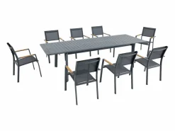 MYLIA Comedores De Jardín|Comedor de jardín de aluminio: una mesa extensible L.205/286.5 cm y 8 sillones apilables - Antracita - MACILA de