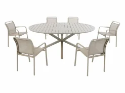 MYLIA Comedor de jardín de aluminio: una mesa redonda extensible L.150/200 cm y 6 sillones apilables - - VELYRA de Topo Clearance