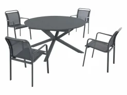 Comedor de jardín de aluminio: una mesa redonda extensible L.150/200 cm y 4 sillones apilables - Antracita - VELYRA de^MYLIA Hot