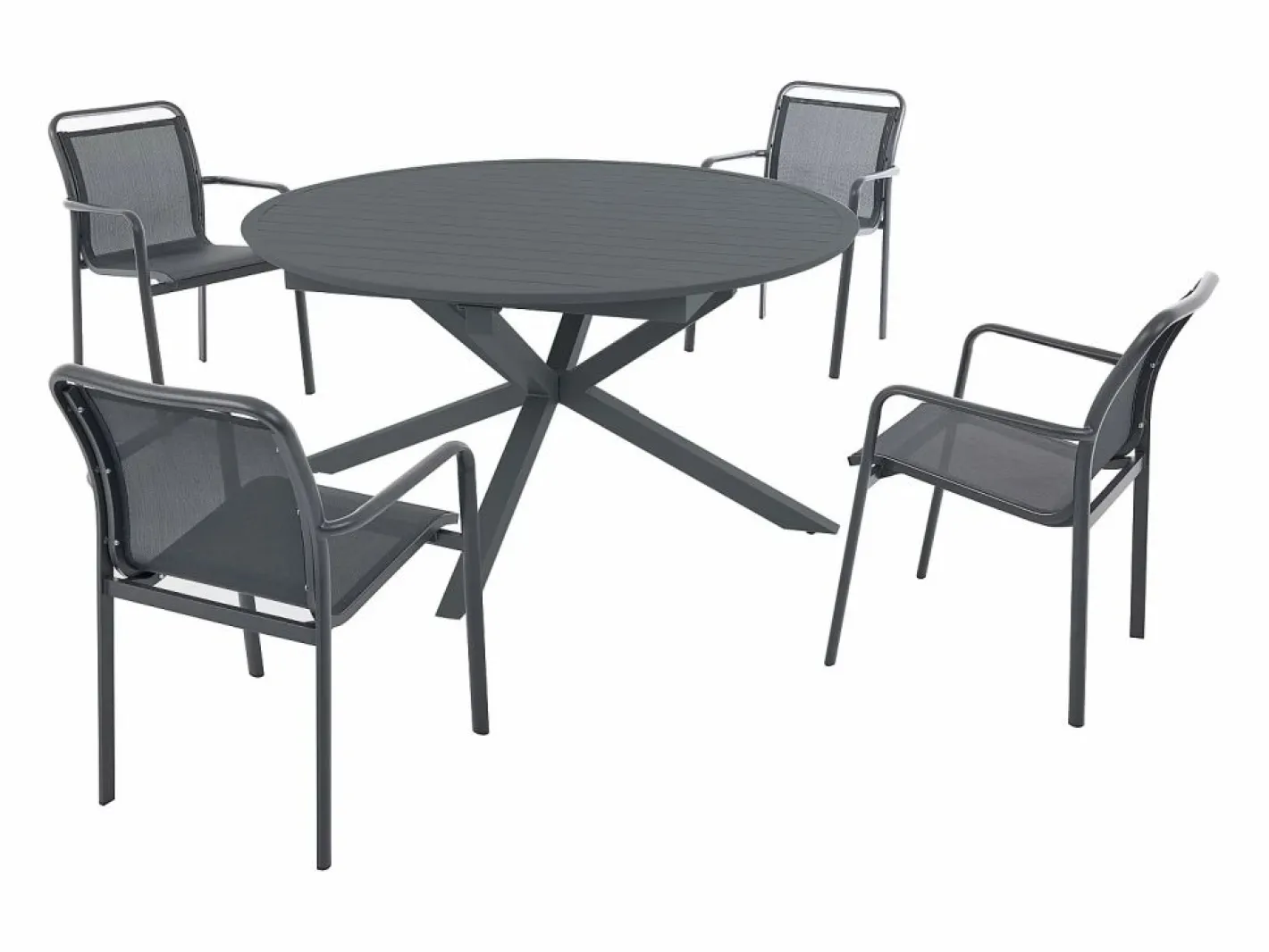 Comedor de jardín de aluminio: una mesa redonda extensible L.150/200 cm y 4 sillones apilables - Antracita - VELYRA de^MYLIA Hot