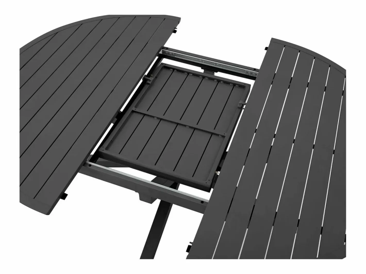 Comedor de jardín de aluminio: una mesa redonda extensible L.150/200 cm y 4 sillones apilables - Antracita - VELYRA de^MYLIA Hot