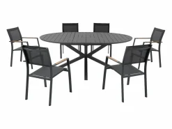 MYLIA Comedor de jardín de aluminio: mesa redonda extensible L.150/200 cm y 6 sillones apilables - Antracita - YOHA de Gris antracita New