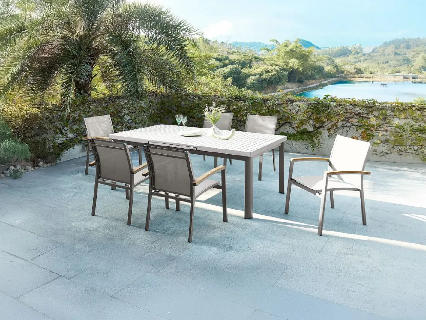 MYLIA Comedores De Jardín|Comedor de jardín de aluminio con mesa extensible 180/240 y 6 sillas - NAURU de