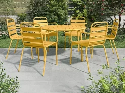 MYLIA Comedor de jardín de metal - Mesa redonda D.130cm y 6 sillones apilables - Amarillo - MIRMANDE de Mostaza Online