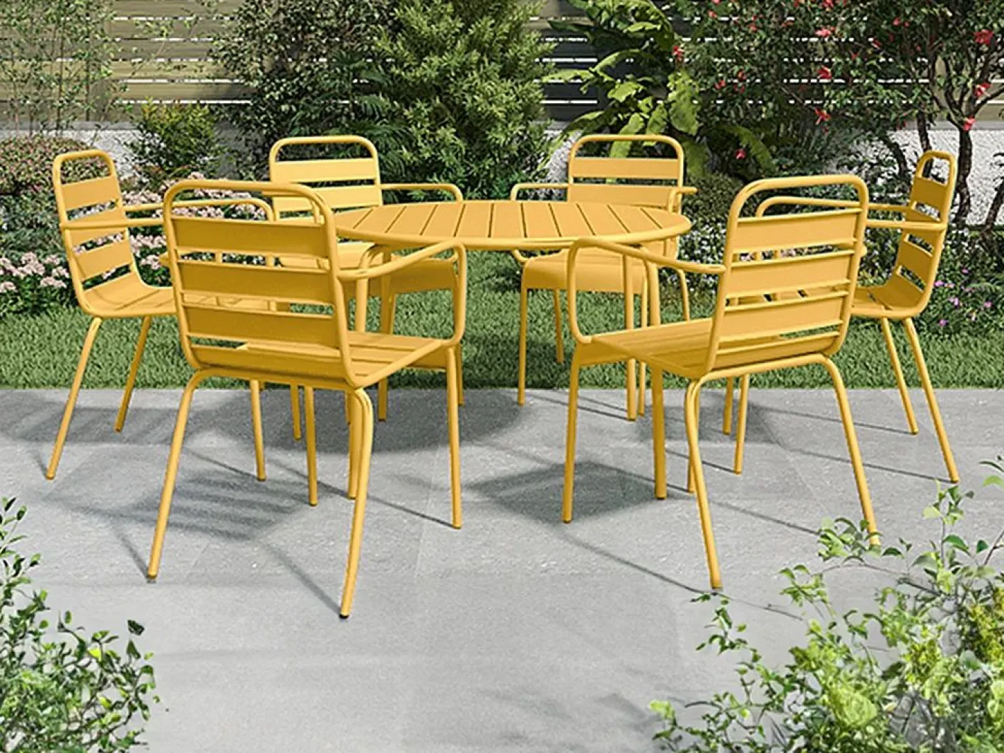 MYLIA Comedor de jardín de metal - Mesa redonda D.130cm y 6 sillones apilables - Amarillo - MIRMANDE de Mostaza Online