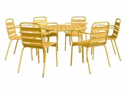MYLIA Comedor de jardín de metal - Mesa redonda D.130cm y 6 sillones apilables - Amarillo - MIRMANDE de Mostaza Online