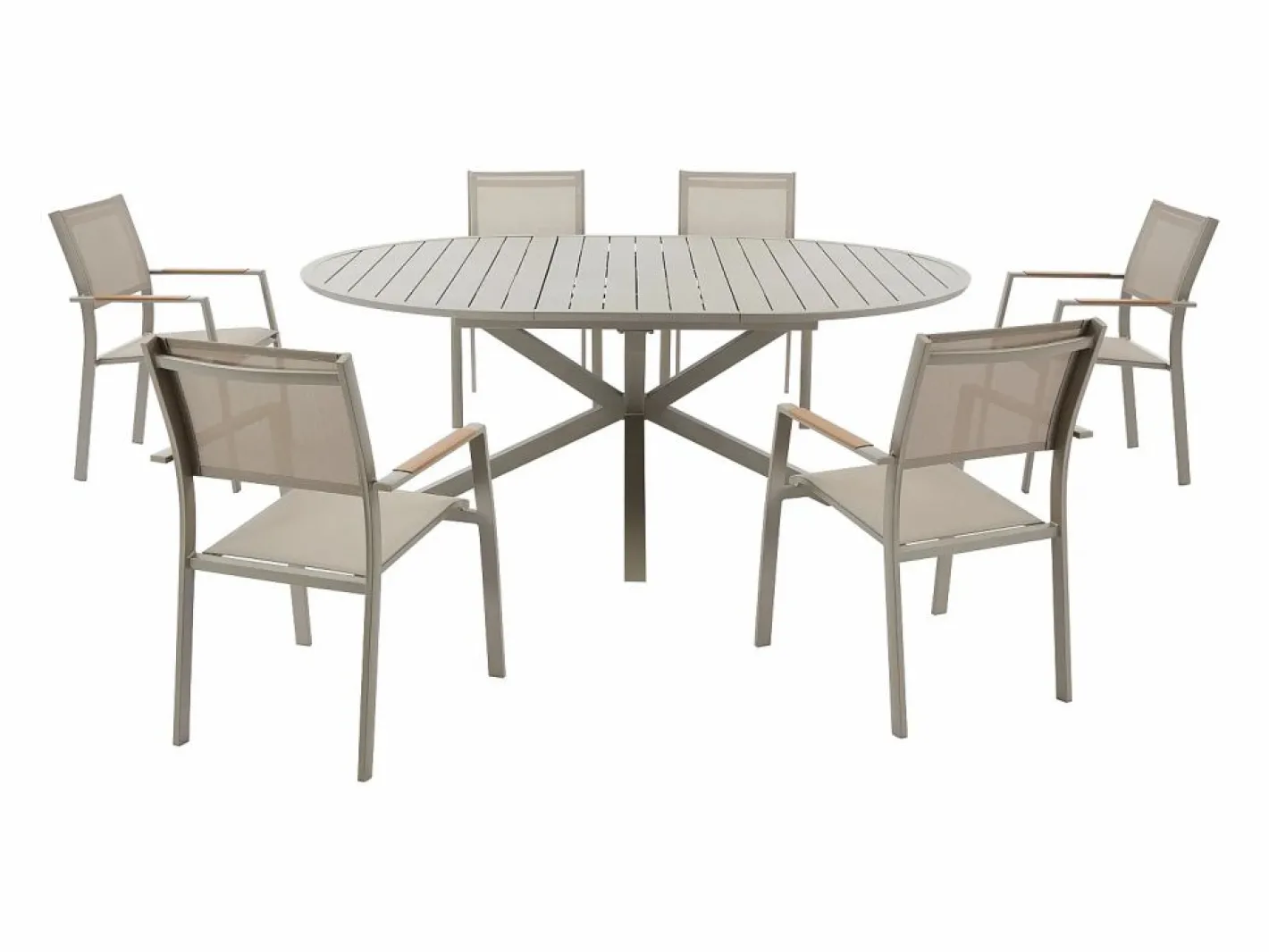 MYLIA Comedores De Jardín|Comedor de jardín de metal: mesa redonda extensible L.150/200 cm y 6 sillones apilables - - YOHA de