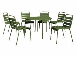 MYLIA Comedor de jardín de metal - Mesa redonda D.130cm y 6 sillas apilables - Verde caqui - MIRMANDE de Caqui / Verde Clearance