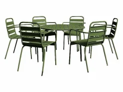 MYLIA Comedor de jardín de metal - Mesa redonda D.130cm y 6 sillones apilables - Verde - MIRMANDE de Caqui Sale
