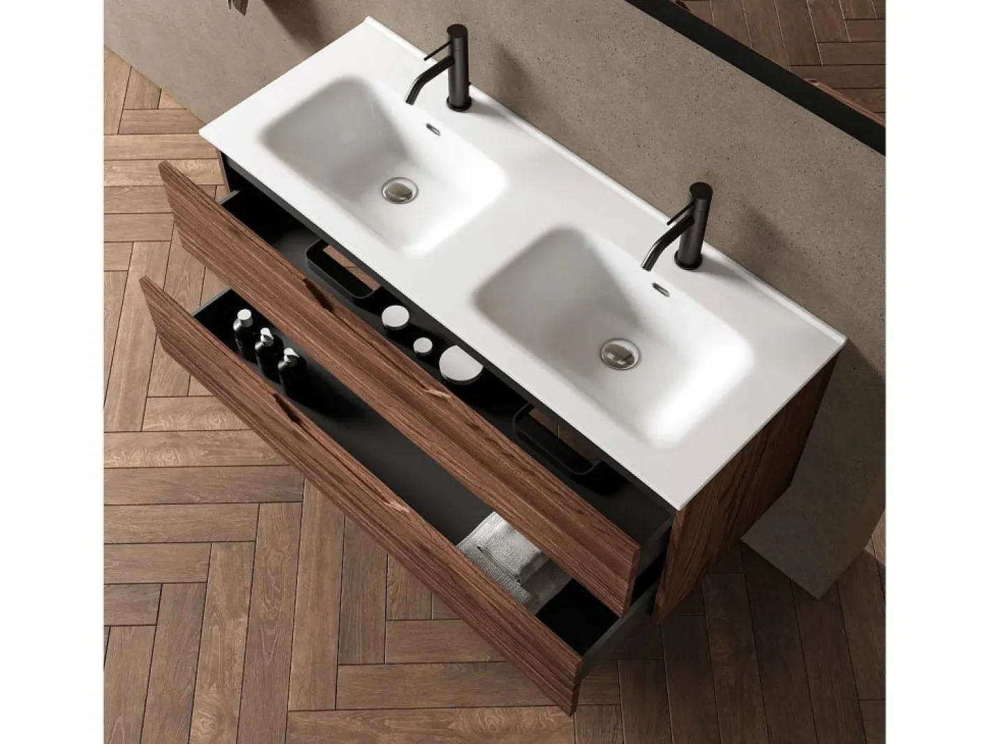 Composición de doble lavabo 5 piezas SOLMIRA roble rio Color natural oscuro Clearance