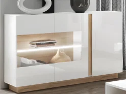 Vente-unique Aparador|Conjunto aparador y mueble TV blanco brillante y natural - Comedor luminoso MURARI
