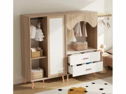 ModernLuxe Conjunto armario infantil - armario con puertas correderas + armario abierto - patas de madera maciza - blanco + natural Color natural claro Hot