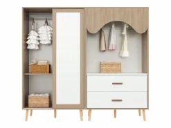 ModernLuxe Conjunto armario infantil - armario con puertas correderas + armario abierto - patas de madera maciza - blanco + natural Color natural claro Hot