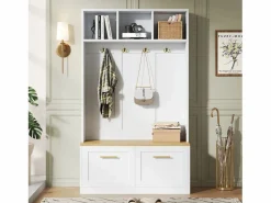 Conjunto armario-taquilla - 105 x 40 x 180 cm - con banco + almacenaje abierto + 2 puertas + 4 ganchos - MDF + aglomerado -^Merax Sale