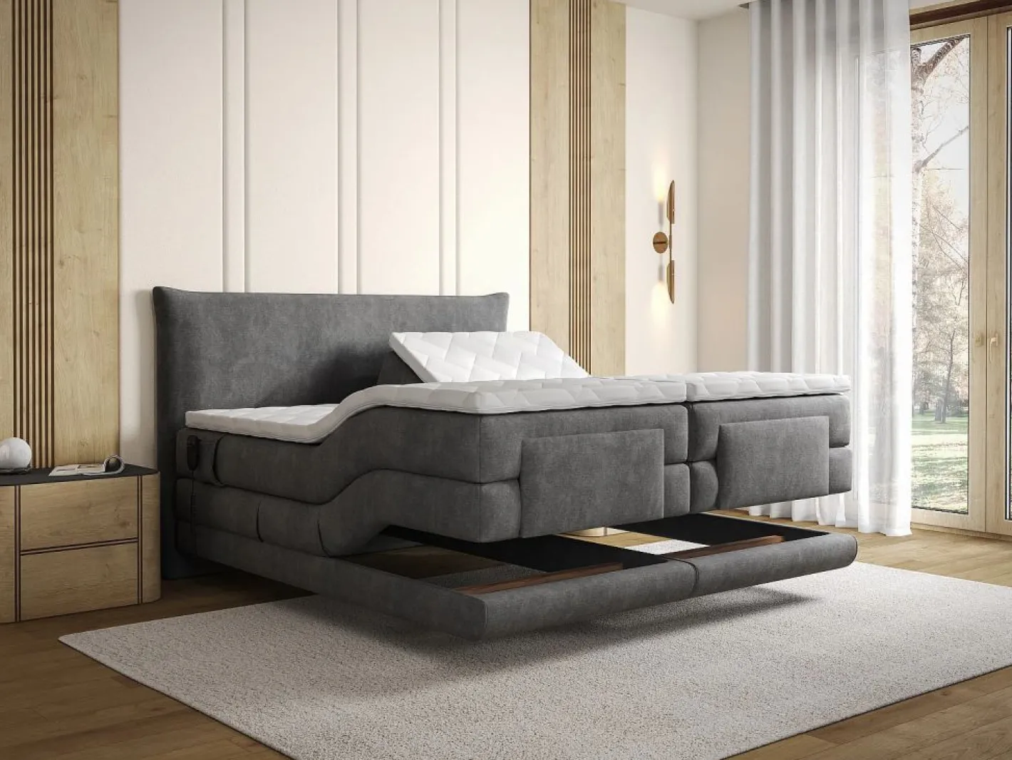 Palacio Cama Continental Boxspring|Cama Articulada|Conjunto completo Boxspring eléctrico 2 x 80 x 200 cm tamaño queen Antracita Tela - ZANORO de