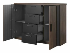 Meublorama Dormitorio Completo|Conjunto completo de dormitorio FOX – Cama con canapé 180x200, somier incluido, Armario, Cómoda, Mesitas de noche – Roble oscuro