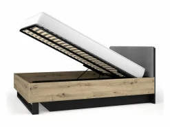 Meublorama Conjunto completo de dormitorio MELODY – Cama con almacenaje 180x200 + armario + cómoda + mesitas de noche – Grafito negro y roble claro – Colchón no incluido Marru00f3n
