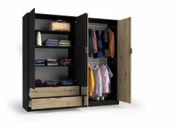 Meublorama Conjunto completo de dormitorio MELODY – Cama con almacenaje 180x200 + armario + cómoda + mesitas de noche – Grafito negro y roble claro – Colchón no incluido Marru00f3n