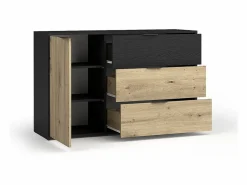 Meublorama Conjunto completo de dormitorio MELODY – Cama con almacenaje 180x200 + armario + cómoda + mesitas de noche – Grafito negro y roble claro – Colchón no incluido Marru00f3n