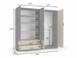 Meublorama Conjunto completo de dormitorio MELODY – Cama con almacenaje 180x200 + armario + cómoda + mesitas de noche – Grafito negro y roble claro – Colchón no incluido Marru00f3n