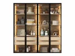 Merax Mueble De Pared Para Baño|Conjunto de 2 Muebles de Baño con LEDs - 148 x 36 x 155 cm - 4 cajones grandes y 4 puertas de cristal - Madera MDF - natural