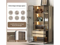 Merax Mueble De Pared Para Baño|Conjunto de 2 Muebles de Baño con LEDs - 148 x 36 x 155 cm - 4 cajones grandes y 4 puertas de cristal - Madera MDF - natural