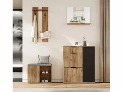 Merax Conjunto de armario de entrada - 140 x 35 x 139 cm - con banco y zapatero + 1 espejo + estante de pared - aglomerado - natural + negro Color natural claro