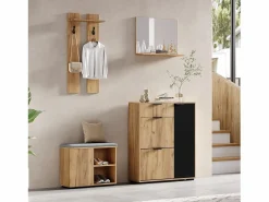 Merax Conjunto de armario de entrada - 140 x 35 x 139 cm - con banco y zapatero + 1 espejo + estante de pared - aglomerado - natural + negro Color natural claro