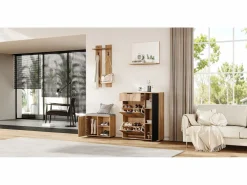 Merax Conjunto de armario de entrada - 140 x 35 x 139 cm - con banco y zapatero + 1 espejo + estante de pared - aglomerado - natural + negro Color natural claro