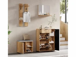 Merax Conjunto de armario de entrada - 140 x 35 x 139 cm - con banco y zapatero + 1 espejo + estante de pared - aglomerado - natural + negro Color natural claro