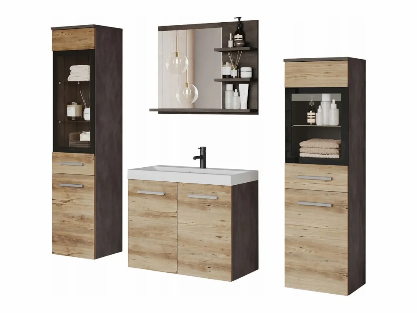 Conjunto De Baño|Conjunto de baño, muebles suspendidos con lavabo, 2 columnas y espejo con estantes, matera / castaño de Breslau mate