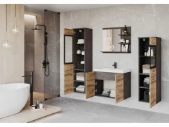 Conjunto De Baño|Conjunto de baño, muebles suspendidos con lavabo, 2 columnas y espejo con estantes, matera / castaño de Breslau mate