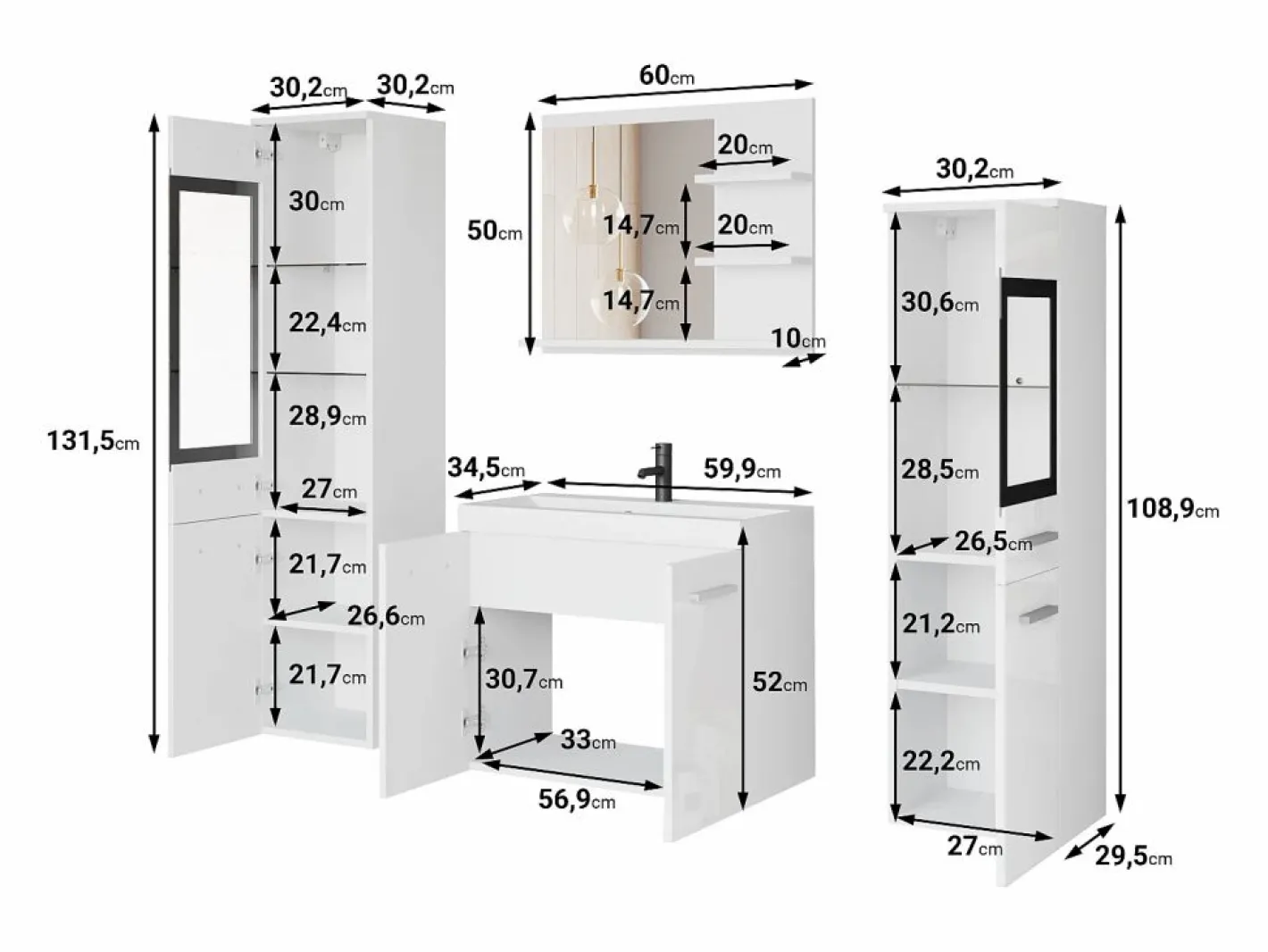 Conjunto De Baño|Conjunto de baño, muebles suspendidos con lavabo, 2 columnas y espejo con estantes, matera / castaño de Breslau mate